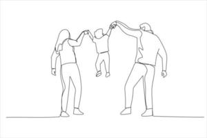 desenhos animados de família feliz no parque. os pais seguram as mãos do bebê. estilo de arte de linha contínua única vetor