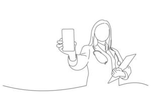 desenho de médica com uma prancheta mostrando um telefone. arte de uma linha vetor
