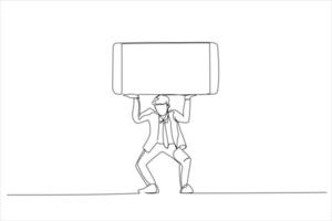 ilustração do homem está equilibrando um telefone inteligente celular gigante sobre a cabeça que tem uma tela em branco para suas imagens e texto. arte de estilo de uma linha vetor