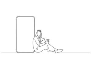 ilustração do jovem empresário árabe usando o celular enquanto está sentado perto do celular gigante com tela branca vazia. arte de estilo de desenho de contorno vetor