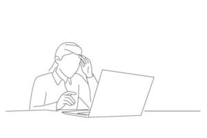 ilustração de mulher de negócios preocupada com medo chocada olhe para a tela do computador portátil aterrorizada leia a mensagem de mídia social de bullying. arte de uma linha vetor