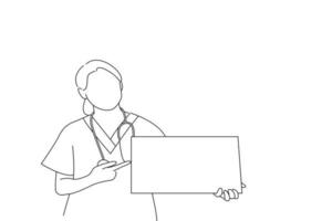 desenho de enfermeira mostrando outdoor de sinal médico em pé, mostrando placa de sinal em branco vazia com espaço de cópia. estilo de desenho de arte oneline vetor