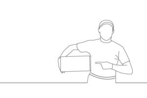 ilustração de empregado de entregador segura caixa de pacote de papelão e apontando-a. arte de uma linha vetor