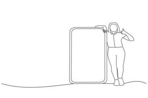 ilustração de senhora feliz, apoiando-se no celular enorme com tela branca vazia, aparecendo o polegar, recomendando um novo aplicativo ou site legal. arte de uma linha vetor