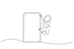 desenho animado da senhora muçulmana asiática espreitando grande smartphone vertical gigante com tela branca em branco apresentando dispositivo de exibição. arte de uma linha vetor