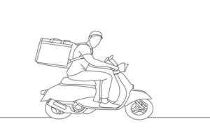 ilustração de entregador andando de moto usando mochila contém pacote de caixa de pacote. arte de estilo de desenho de contorno vetor