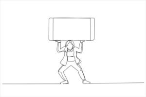 ilustração de mulher está equilibrando um telefone celular inteligente gigante sobre a cabeça que tem uma tela em branco para suas imagens e texto. arte de estilo de uma linha vetor
