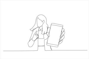 desenho de senhora segurando grande smartphone com tela branca em branco na mão, mostrando perto da câmera e apontando para o dispositivo. estilo de arte de linha contínua única vetor