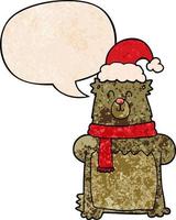 urso de desenho animado usando chapéu de natal e bolha de fala no estilo de textura retrô vetor