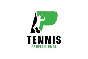 letra p com design de logotipo de silhueta de jogador de tênis. elementos de modelo de design vetorial para equipe esportiva ou identidade corporativa. vetor