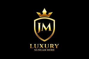 logotipo de monograma de luxo elegante inicial jm ou modelo de crachá com pergaminhos e coroa real - perfeito para projetos de marca luxuosos vetor