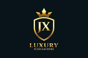 logotipo de monograma de luxo elegante jx inicial ou modelo de crachá com pergaminhos e coroa real - perfeito para projetos de marca luxuosos vetor