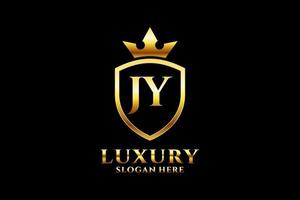 logotipo de monograma de luxo elegante inicial jy ou modelo de crachá com pergaminhos e coroa real - perfeito para projetos de marca luxuosos vetor