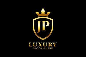 logotipo de monograma de luxo elegante jp inicial ou modelo de crachá com pergaminhos e coroa real - perfeito para projetos de marca luxuosos vetor