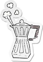 adesivo retrô angustiado de um fabricante de fogão espresso de desenho animado vetor