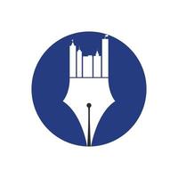 conceito criativo com design de logotipo de skyline de caneta e cidade. vetor