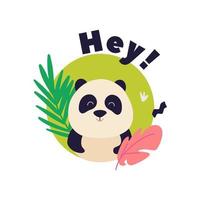 animais de panda de desenho animado de bebê fofo em círculo e ilustração de design de folhas tropicais vetor