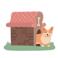 lindo cachorro corgi alegre dentro da casinha. requintado hotel para animais de estimação ou creche. hotel de animais ou edifício de abrigo. mão desenhada ilustração vetorial plana isolada no fundo branco. vetor