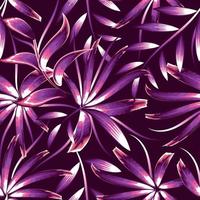 bambu roxo deixa padrão perfeito com plantas tropicais e folhagens em fundo escuro. papel de parede da selva. fundo da natureza. papel de parede tropical. trópicos exóticos. projeto de verão. textura elegante vetor