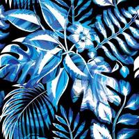 padrão sem emenda da selva tropical abstrata azul em fundo escuro. padrão sem emenda com flores desenhadas à mão. estilo vintage. ornamento da natureza para têxteis, tecidos, papel de parede, design de superfície. vetor