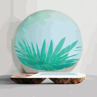 pódio de pedestal de canto redondo branco abstrato, quarto vazio azul claro com folha de palmeira verde, esfera azul e branca. vetor com mármore de textura de madeira