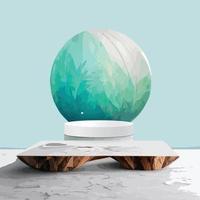 pódio de pedestal de canto redondo branco abstrato, quarto vazio azul claro com folha de palmeira verde, esfera azul e branca. vetor com mármore de textura de madeira