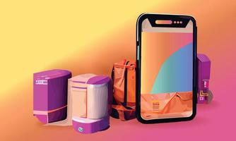 compras on-line ou ilustração de conceito de entrega 3d vector show carrinho, sacos e caixas. cores brilhantes de design moderno moderno no smartphone