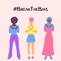 grupo de mulheres de diferentes etnias e cores de pele cruzam os braços em protesto. quebrar o preconceito. movimento de mulheres contra a discriminação, a desigualdade, os estereótipos.