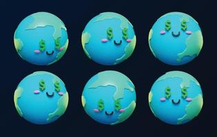 terra 3d fofa e adorável com símbolos de dólar emoticons de caracteres emoji conjunto de vetores. ícones da terra dos desenhos animados 3D. eps10