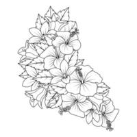 design de arte de doodle de flor de hibisco de página para colorir com gráfico vetorial de arte de linha detalhada vetor