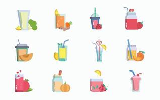 suco de frutas com conjunto de ícones de frutas e xícaras vetor