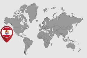 mapa de pinos com bandeira da polinésia francesa no mapa do mundo. ilustração vetorial. vetor