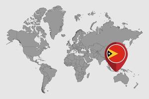pin mapa com bandeira de timor leste no mapa do mundo. ilustração vetorial. vetor