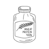 frasco de plástico com pó de proteína de trigo em estilo doodle desenhado à mão. nutrição saudável para desportistas. vetor