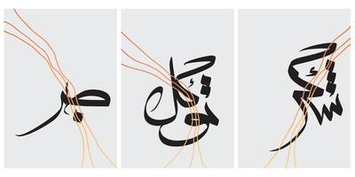 define a caligrafia árabe moderna de sukr, tawakkul e sabr. palavras inspiradoras em árabe, traduzidas como gratidão, confiança e paciência. vetor