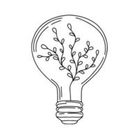 lâmpada com planta na mão desenhada estilo doodle. conceito de energia ecológica. ilustração vetorial isolada no fundo branco. vetor