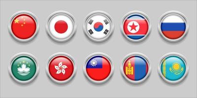 bandeiras do norte da ásia definir coleção 3d bandeira redonda, bandeira distintiva, china, mongólia, coreia do norte, coreia do sul, japão, hong kong, taiwan, macau, cazaquistão, rússia