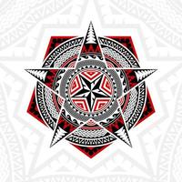 formas geométricas, pentágono, estrela de cinco pontas e círculos, em estilos mistos de arte tailandesa, arte polinésia, arte mandala, preto e vermelho.