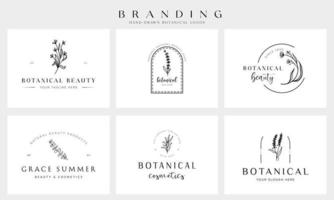 elemento floral botânico logotipo desenhado à mão com flores silvestres e folhas. logotipo para spa e salão de beleza, boutique, loja orgânica, casamento, designer floral, interior, fotografia, cosmético. vetor