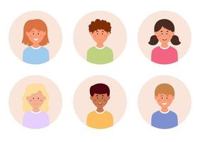 conjunto de rostos de crianças, avatares, cabeças de crianças de nacionalidade diferente no fundo do círculo. ilustração vetorial em estilo cartoon plana. vetor