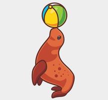 animal de foca bonito jogando bola de balão colorido. ilustração animal isolada dos desenhos animados. vetor de logotipo premium de design de ícone de adesivo de estilo simples. personagem mascote