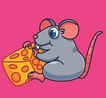 rato bonito dos desenhos animados comendo queijo. vetor de ilustração animal de desenho animado isolado