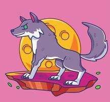 lobo dos desenhos animados com lua cheia. ilustração animal isolada. vetor premium de ícone de adesivo de estilo simples
