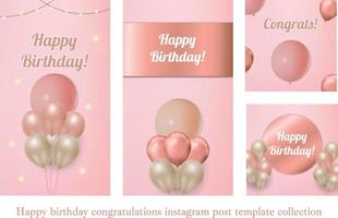 feliz aniversário parabéns coleção de modelos de postagem do instagram com balões realistas vetor