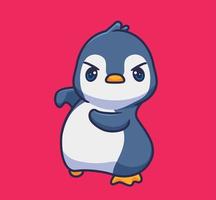 pinguim fofo fica bravo pronto para lutar. ilustração animal isolada dos desenhos animados. vetor de logotipo premium de design de ícone de adesivo de estilo simples. personagem mascote