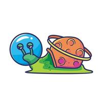 Capacete alienígena de astronauta de caracol bonito com anel de Saturno do escudo do planeta. ícone de ilustração de estilo de desenho animado plano animal mascote de logotipo de vetor premium adequado para personagem de banner de web design
