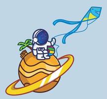astronauta bonito jogando pipa no planeta. desenhos animados viagens férias férias verão conceito isolado ilustração. estilo plano adequado para vetor de logotipo premium de design de ícone de adesivo. personagem mascote