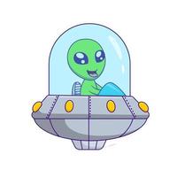 bonito desenho animado alienígena montando um OVNI. ilustração vetorial vetor