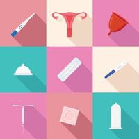 um conjunto de ícones planos sobre o tema da saúde reprodutiva feminina, contracepção e planejamento da gravidez. vetor