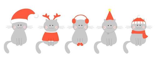 gatos bonitos para o dia de natal e ano novo. conjunto de gatos com roupas vermelhas de inverno vetor